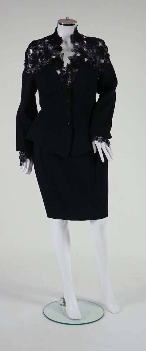 A vintage Thierry Mugler black skirt suit with lace detail Size 12-14